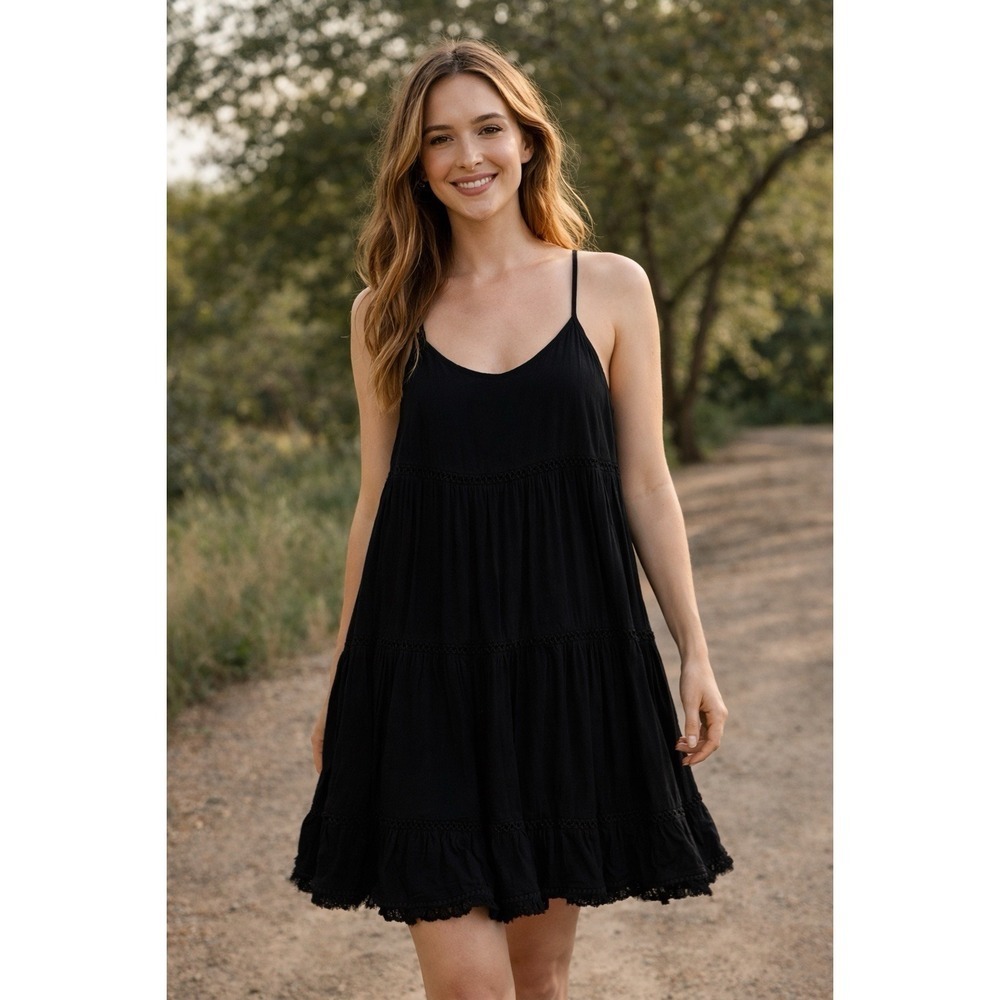 Mossimo Tiered Sun Dress Womens Small Black Crochet Trim Y2K Beach Summer
